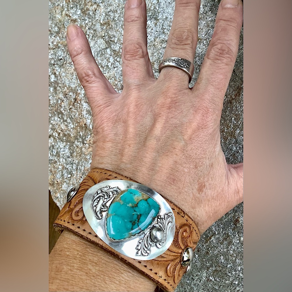 Turquoise and Sterling Leather Cuff, up to 7 1/4” wrist
